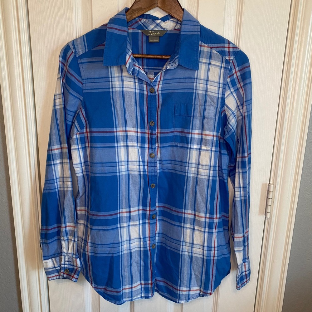 Natural Reflections Womens Small Blue Plaid Cotton Viscose Button Down Shirt